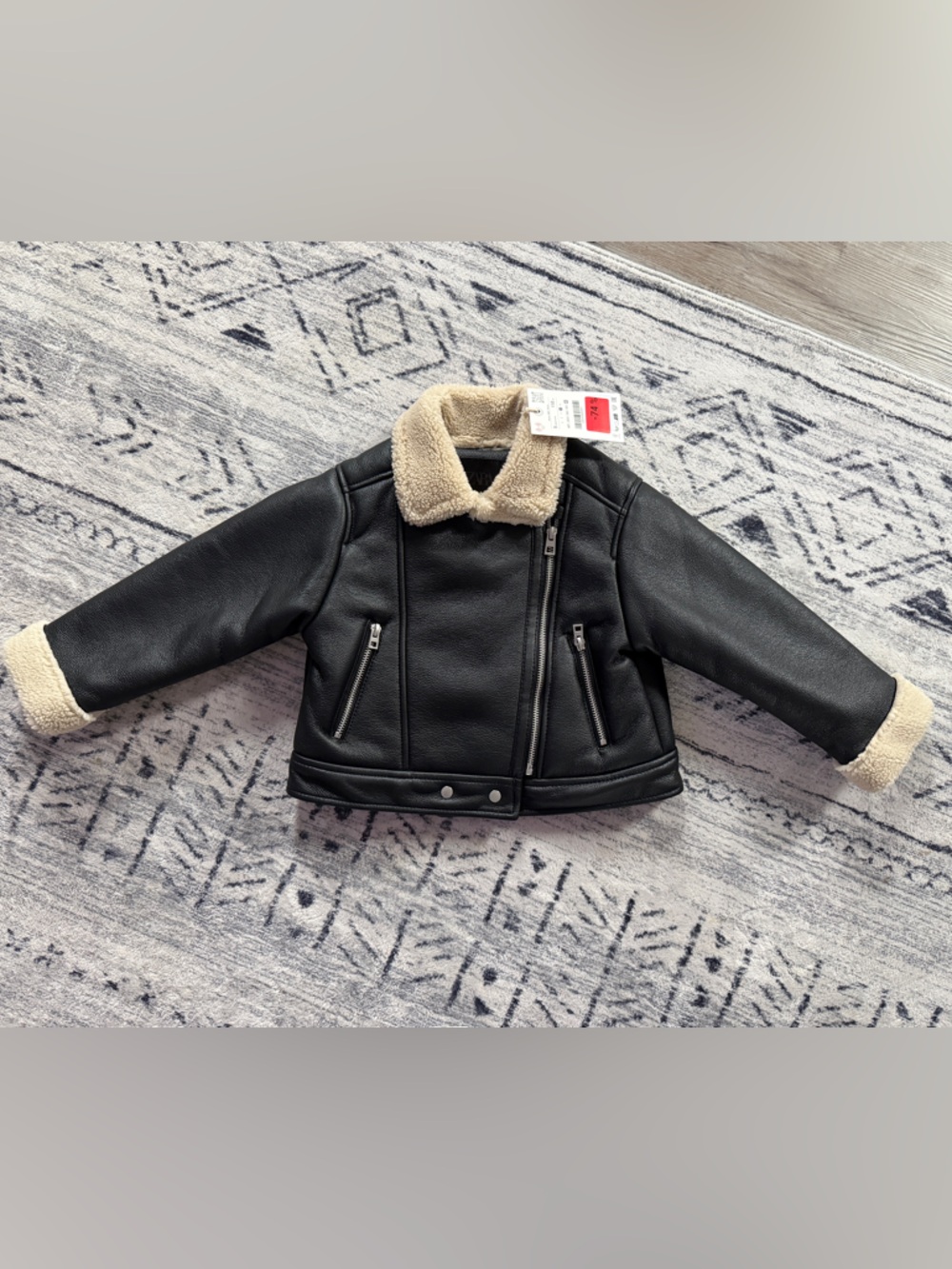 Black Faux Leather Aviator Jacket with Cream Sherpa Collar - Zara